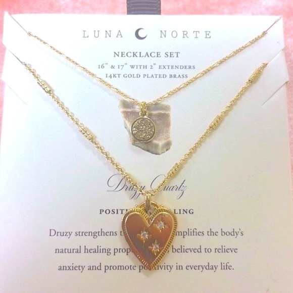 Brand New Luna Norte 14K Gold Plated Brass Druzy Quartz Two Piece Necklace Set - Picture 3 of 14